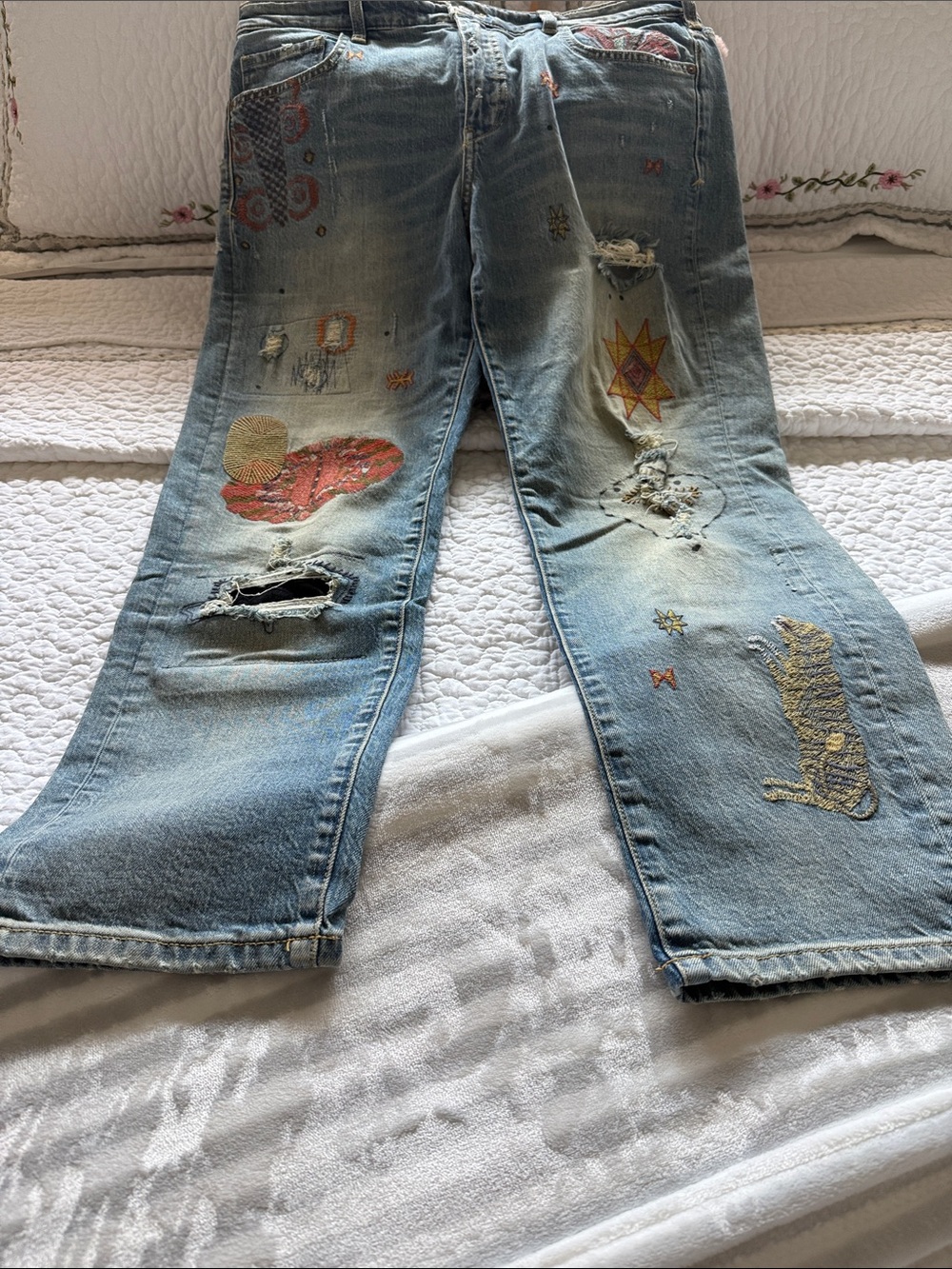Pilcro Light Blue Embroidered Distressed Boot Cut Jeans